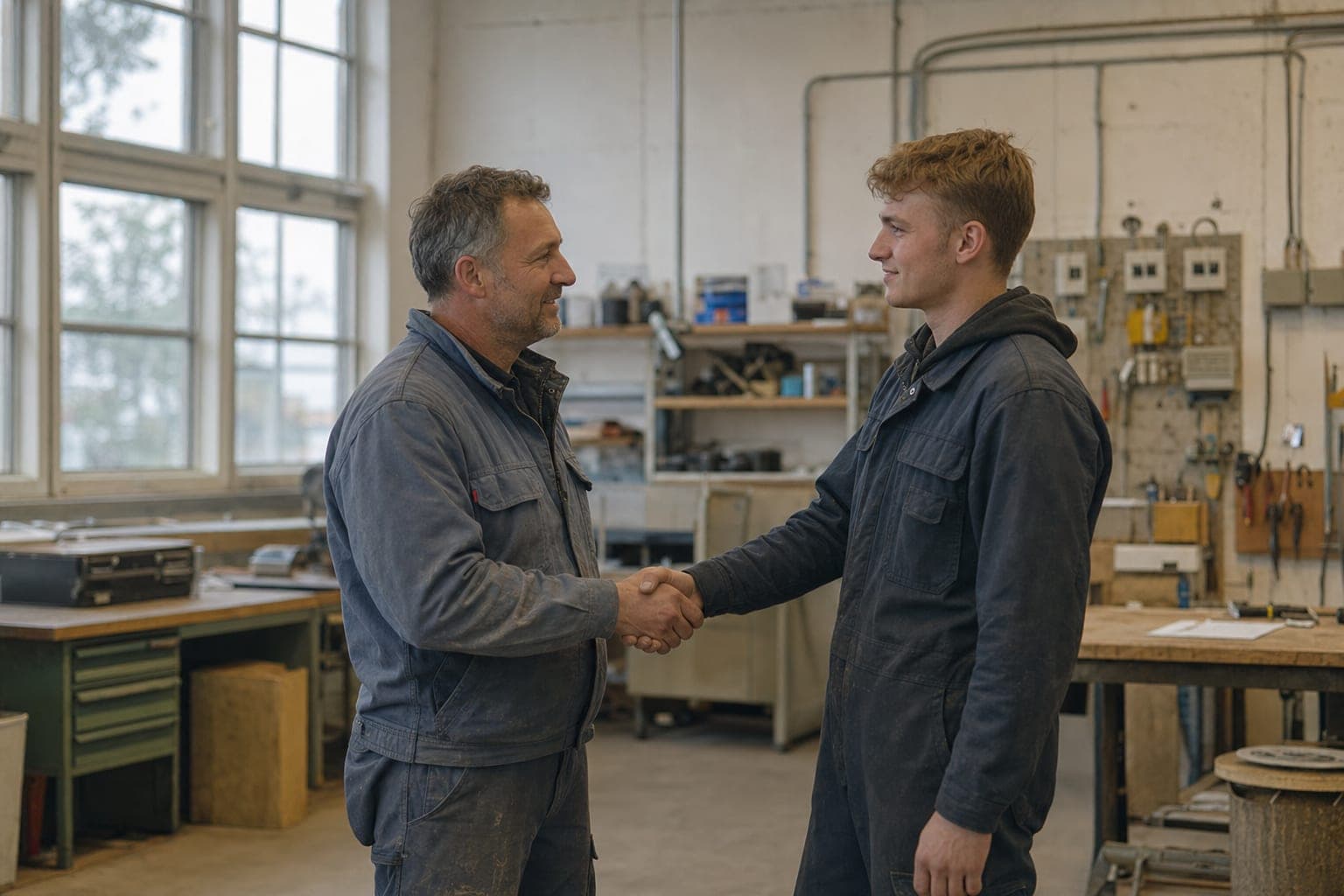 Handschlag zwischen zwei Handwerkern in der Werkstatt